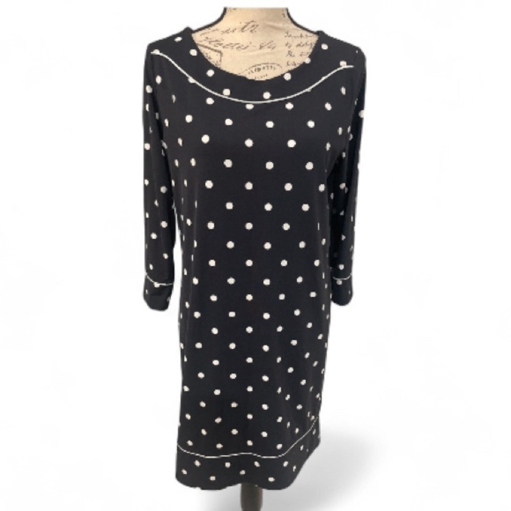 Lands’ End Black Polka Dot Dress – 3/4 Sleeve Shift – Size Medium